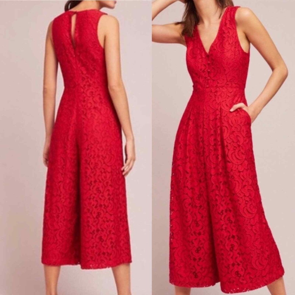 Anthropologie Jaeda Red Lace Wide‎ Leg Sleeveless Jumpsuit